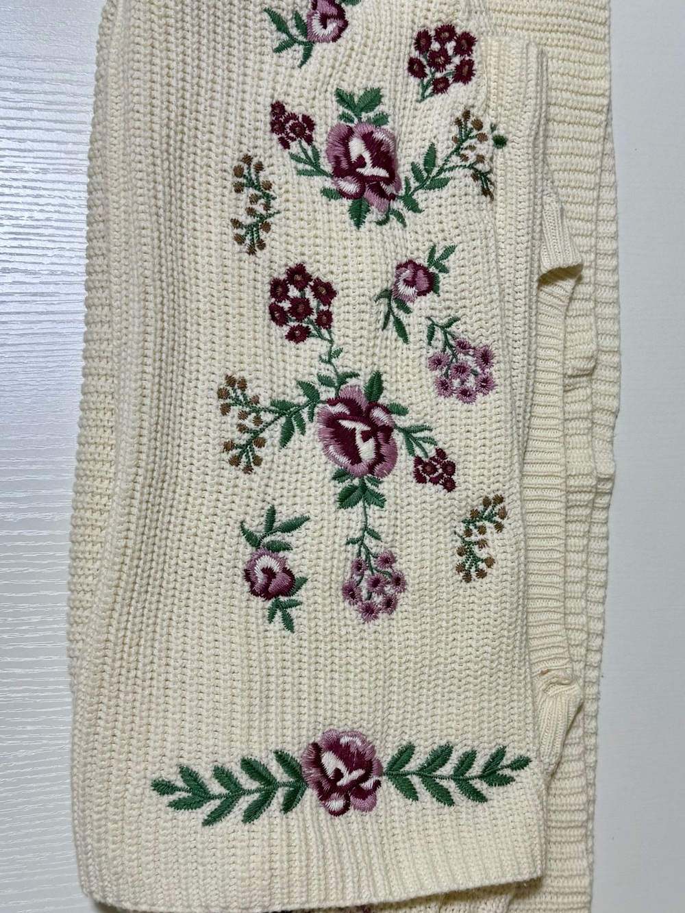 Francesca's Collections Cream Knit sweater with Floral Embroidery wide sleeves